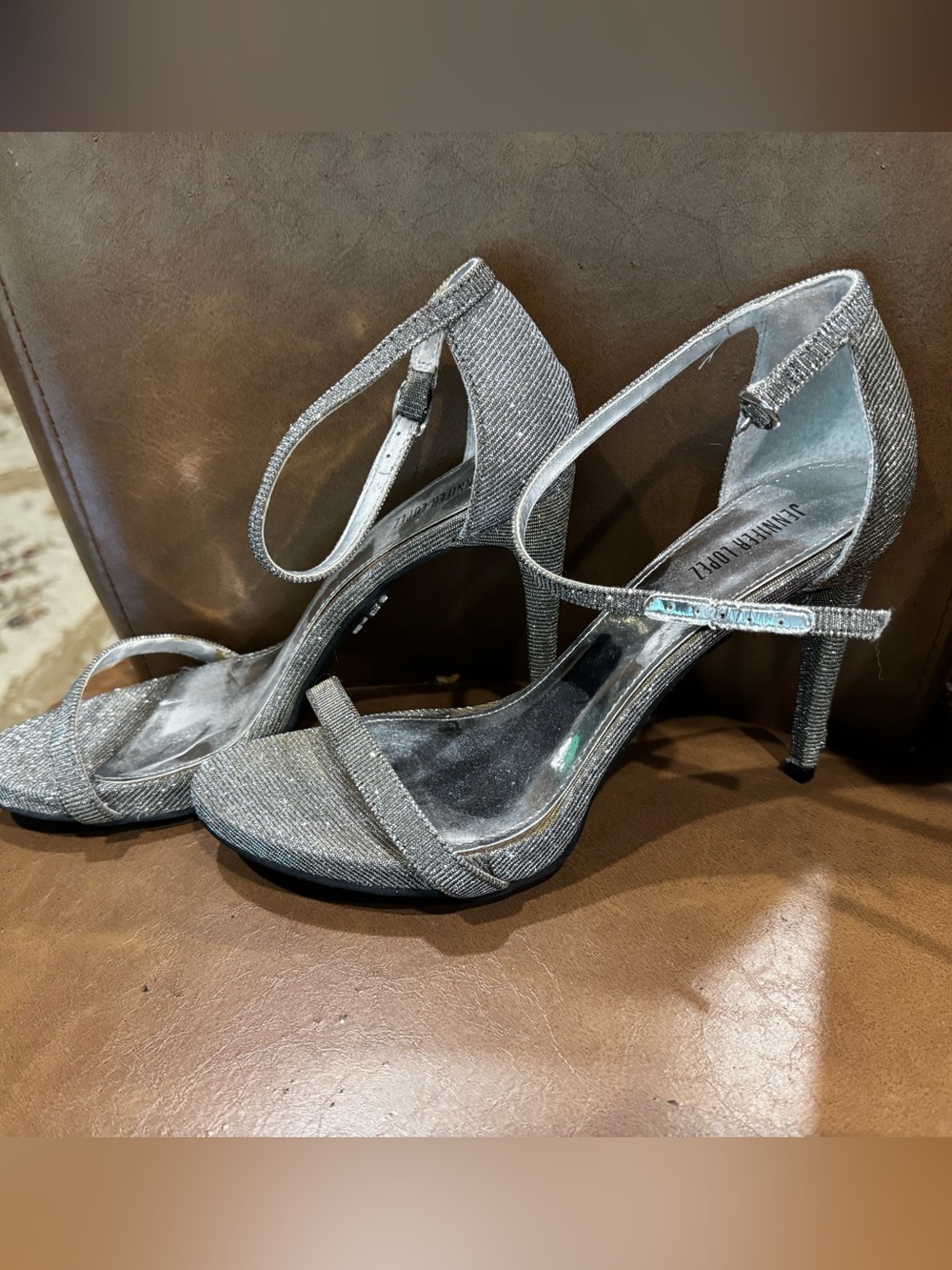 Jennifer Lopez Silver Glitter Ankle-Strap Stilettos size 9 sparkle